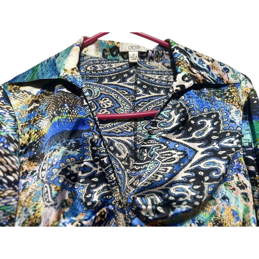 Vintage Cache Silk Abstract Rouched Button Down S… - image 8